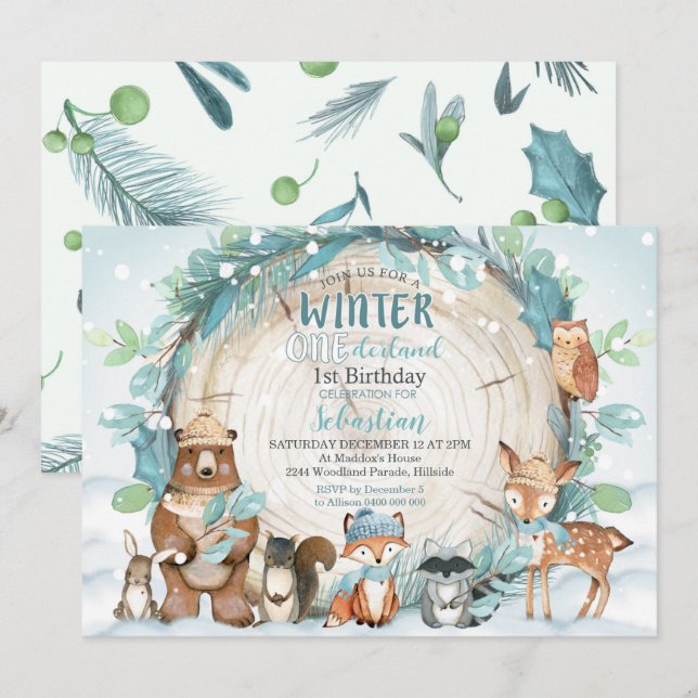 Winter Onederland Einladung Boy Woodland (Vorne/Hinten)