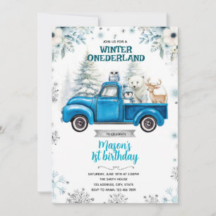 Winter-Onederland-Einladung mit blauem LKW Einladung