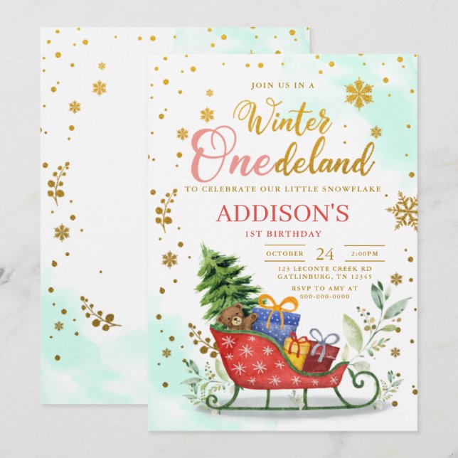 Winter Onederland Einladung zum ersten Geburtstag (Vorne/Hinten)