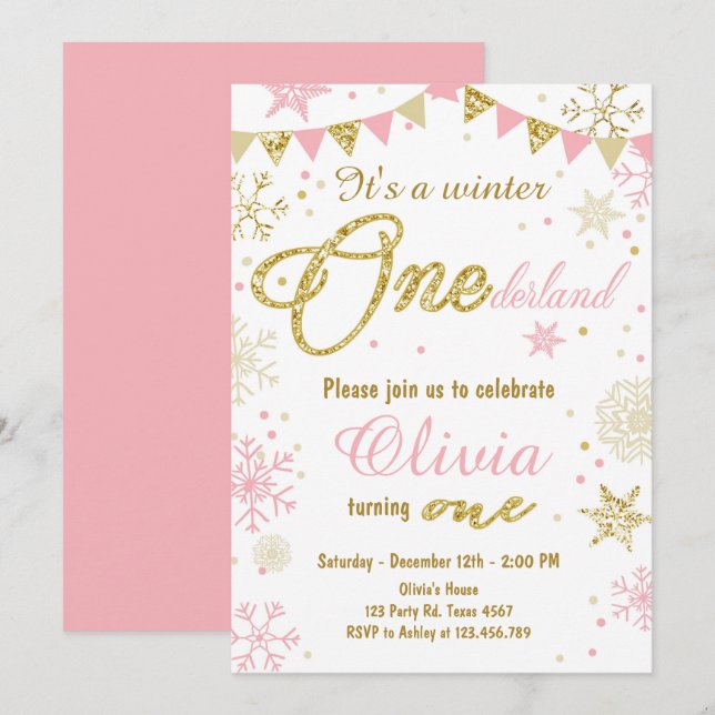 Winter Onederland Einladung zum Geburtstag Pink Go (Vorne/Hinten)
