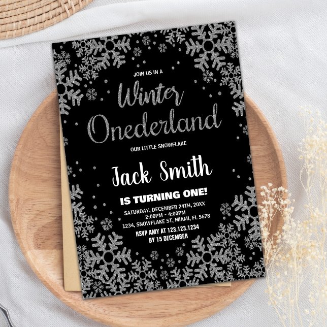 Winter ONEderland Einladungen Schwarzes Silber (Winter ONEderland Invitations Black Silver)