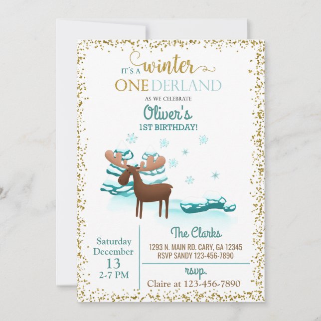 Winter Onederland Elche Junge 1. erster Geburtstag Einladung (Vorderseite)