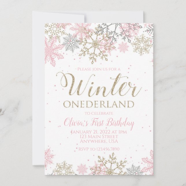 Winter Onederland Erster Geburtstag Rosa Schneeflo Einladung (Vorderseite)