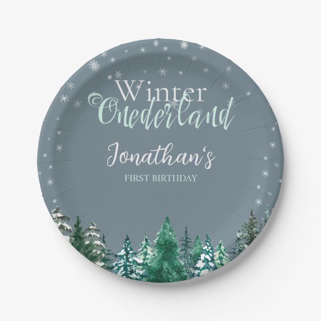 Winter Onederland Erster Geburtstag Schneelandscha Pappteller (Vorderseite)