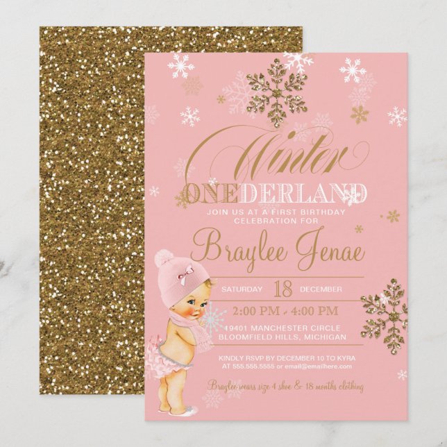 Winter Onederland First Birthday Blonde Baby Girl Einladung (Vorne/Hinten)