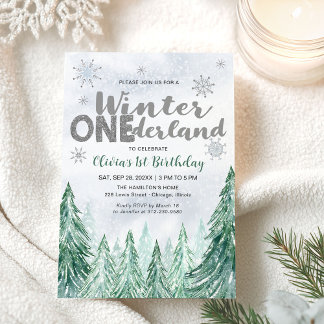 Winter Onederland First Birthday Snowflakes Forest Einladung