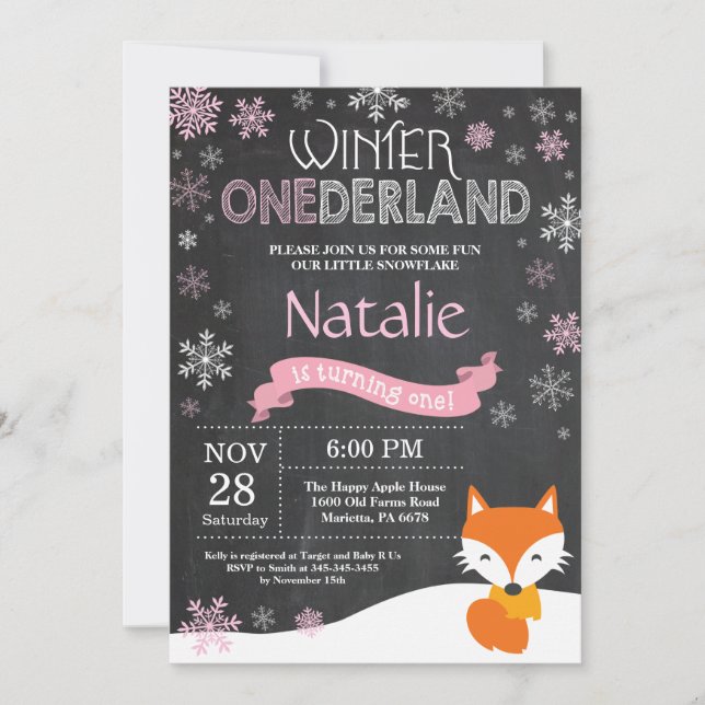 Winter Onederland Fox 1. Geburtstag Einladung (Vorderseite)