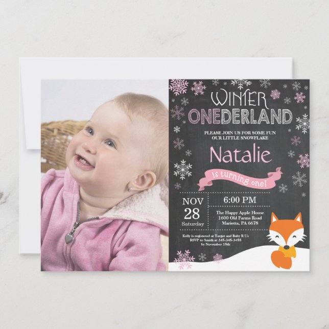 Winter Onederland Fox 1er Anniversaire Invitation (Devant)