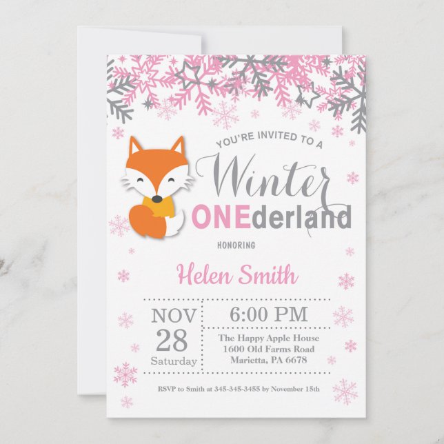 Winter Onederland Fox Girl 1. Geburtstag Einladung (Vorderseite)