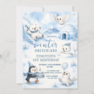 Winter Onederland Geburtstag arktischer Tiere Einladung