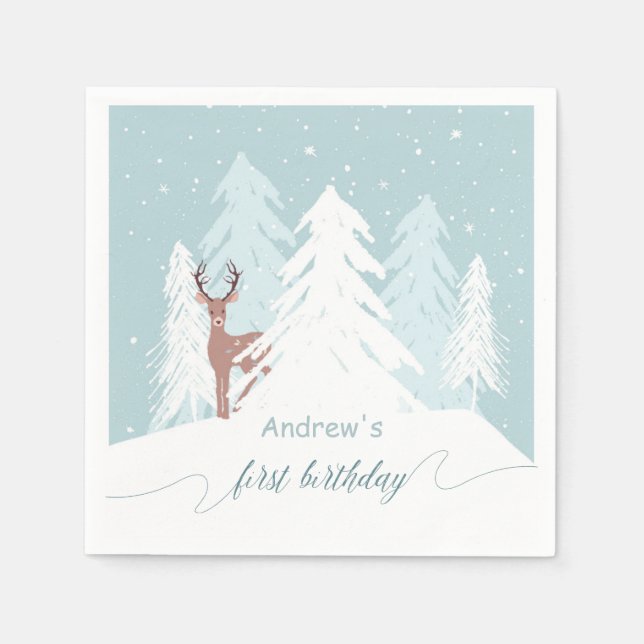 Winter Onederland Geburtstag Custom Napkin Blue Serviette (Vorderseite)