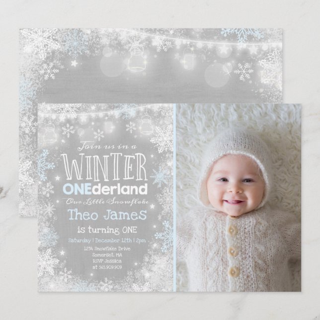 Winter ONEderland Geburtstag Einladung Blau Weiß (Vorne/Hinten)