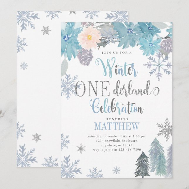 Winter ONEderland Geburtstag Einladung Blue Boy (Vorne/Hinten)