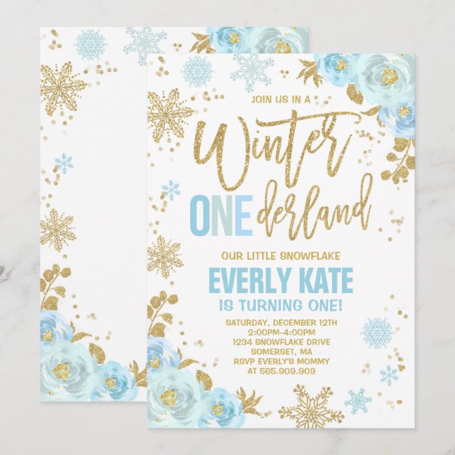 Winter ONEderland Geburtstag Einladung Blue & Gold (Vorne/Hinten)