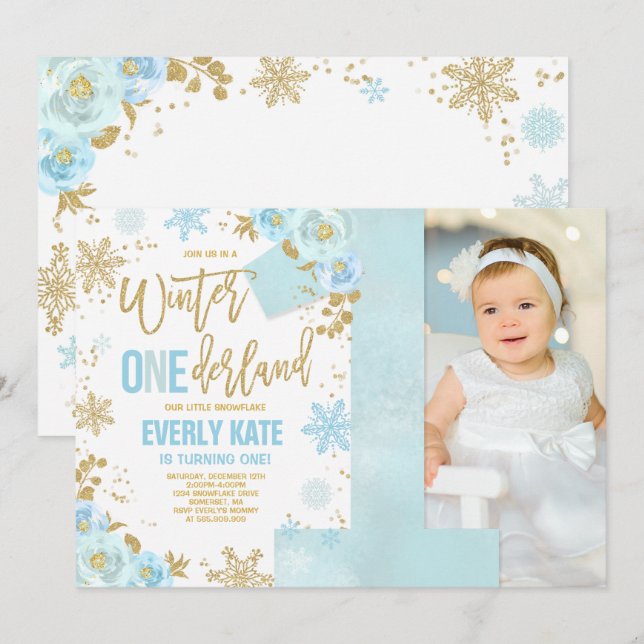 Winter ONEderland Geburtstag Einladung Blue Gold (Vorne/Hinten)
