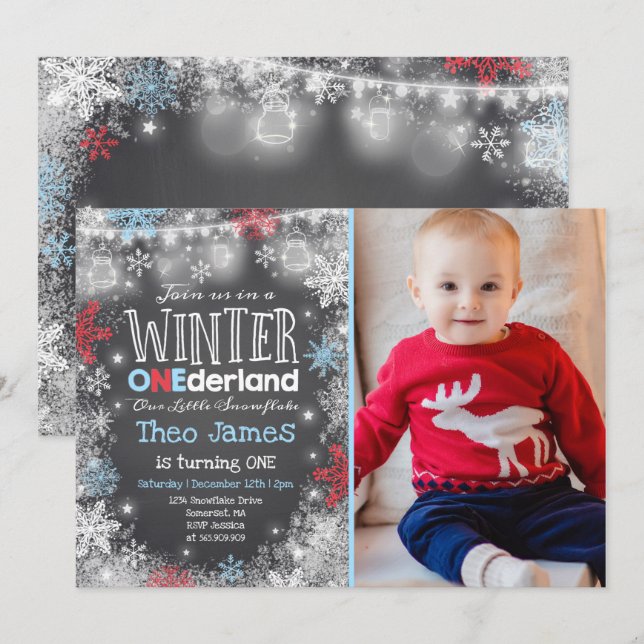 Winter ONEderland Geburtstag Einladung Blue Red (Vorne/Hinten)