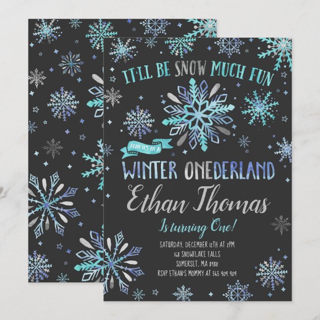 Winter ONEderland Geburtstag Einladung Blue Silver (Vorne/Hinten)