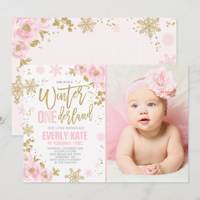 Winter ONEderland Geburtstag Einladung Pink Gold (Vorne/Hinten)
