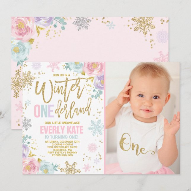Winter ONEderland Geburtstag Einladung Pink Gold (Vorne/Hinten)