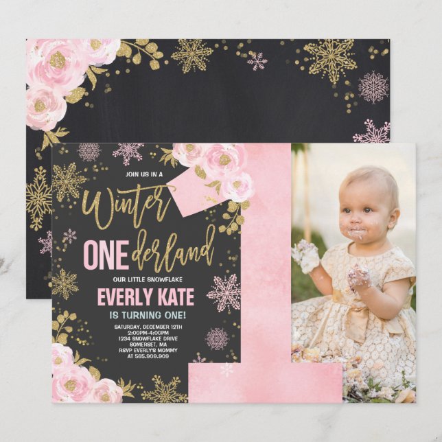 Winter ONEderland Geburtstag Einladung Pink Gold (Vorne/Hinten)