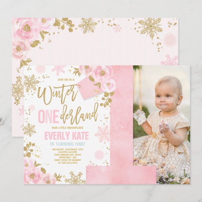 Winter ONEderland Geburtstag Einladung Pink Gold (Vorne/Hinten)