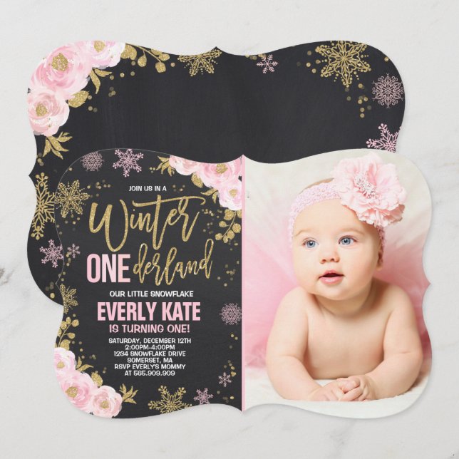 Winter ONEderland Geburtstag Einladung Pink Gold (Vorne/Hinten)