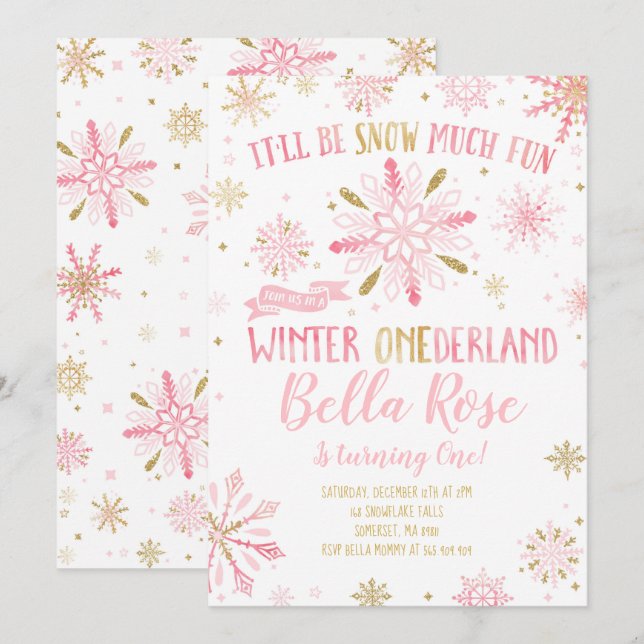 Winter ONEderland Geburtstag Einladung Pink Gold (Vorne/Hinten)