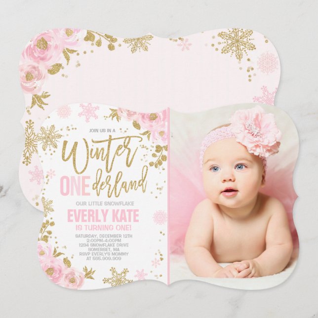 Winter ONEderland Geburtstag Einladung Pink Gold (Vorne/Hinten)