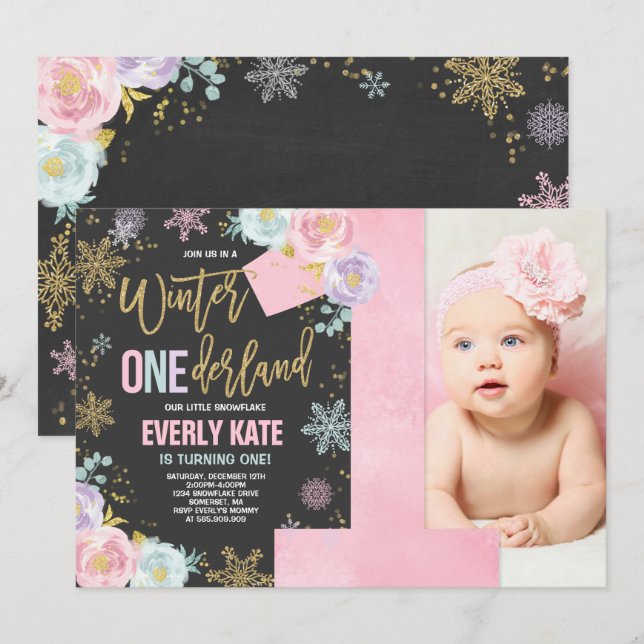 Winter ONEderland Geburtstag Einladung Pink Gold (Vorne/Hinten)