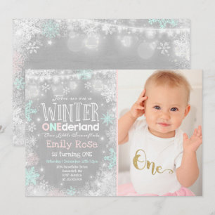 Winter ONEderland Geburtstag Einladung Pink Mint