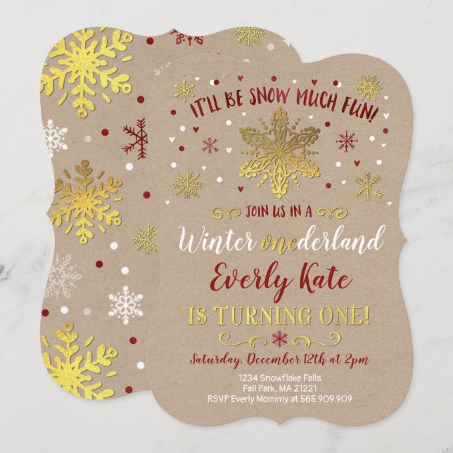 Winter ONEderland Geburtstag Einladung Red & Gold (Vorne/Hinten)