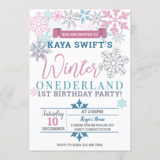 Winter Onederland Geburtstag Einladung Rosa & Blau
