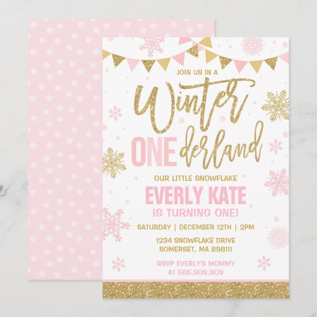 Winter ONEderland Geburtstag Einladung Rosa & Gold (Vorne/Hinten)