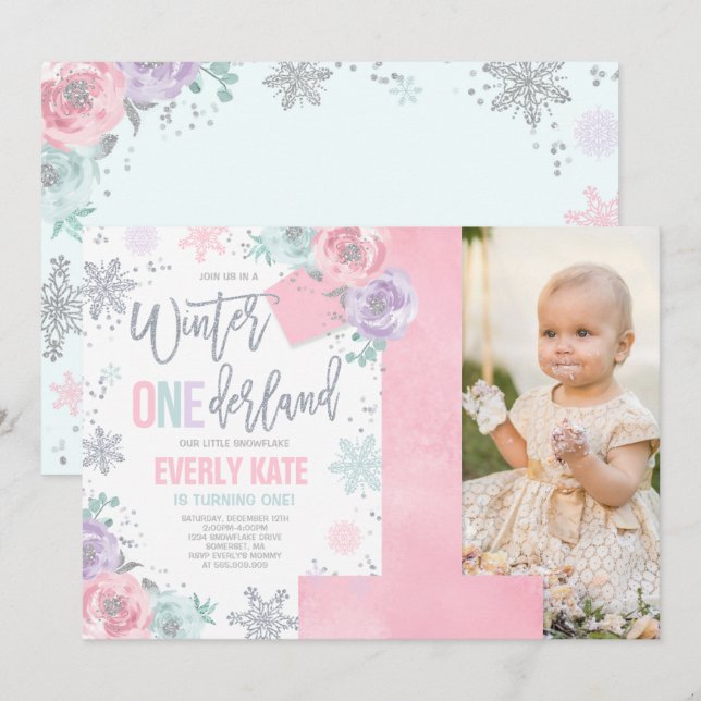 Winter ONEderland Geburtstag Einladung Rosa Silber (Vorne/Hinten)