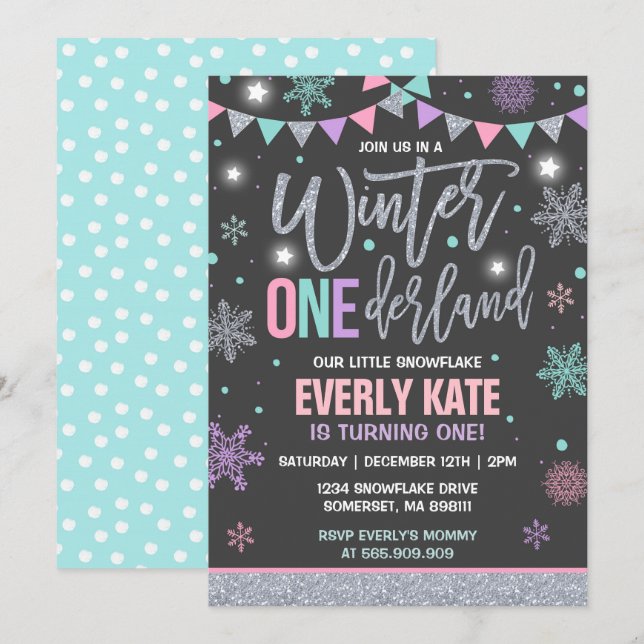 Winter ONEderland Geburtstag Einladung Rosa Silber (Vorne/Hinten)
