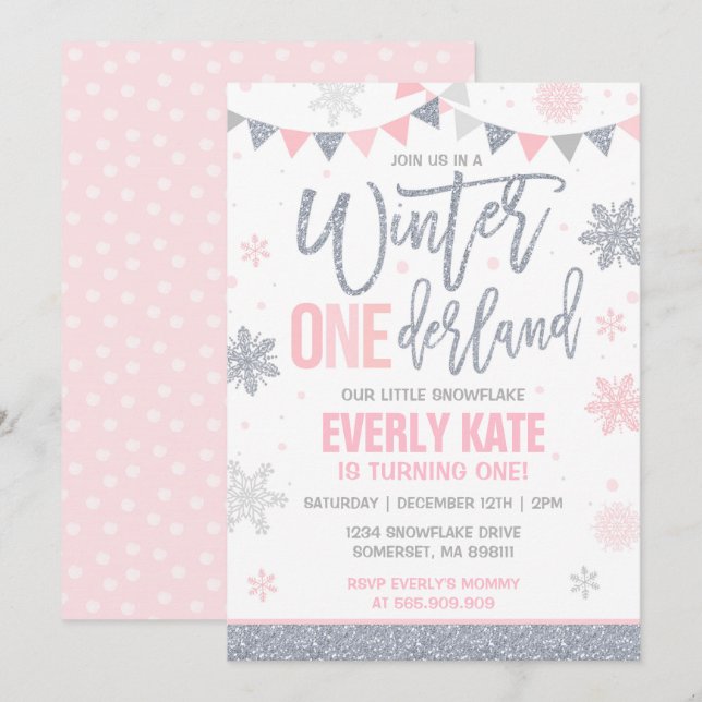 Winter ONEderland Geburtstag Einladung Rosa Silber (Vorne/Hinten)