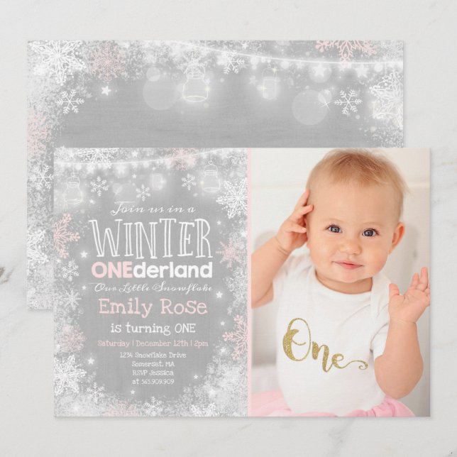 Winter ONEderland Geburtstag Einladung Rosa Weiß (Vorne/Hinten)