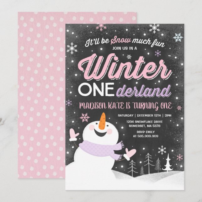 Winter ONEderland Geburtstag Einladung Snowman Ros (Vorne/Hinten)