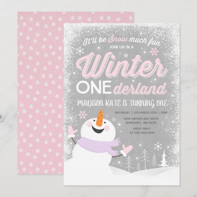 Winter ONEderland Geburtstag Einladung Snowman Ros (Vorne/Hinten)