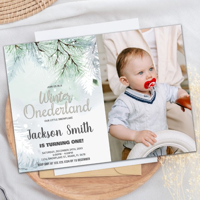 Winter ONEderland Geburtstag Einladungen Pine Foto (Winter ONEderland Birthday Invitations Pine Photo)