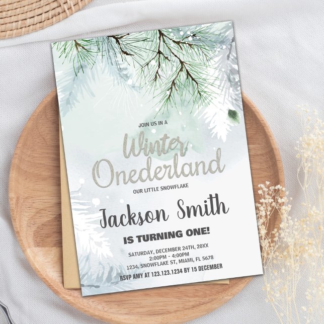 Winter ONEderland Geburtstag Einladungen Pine Gree (Winter ONEderland Birthday Invitations Pine Green)