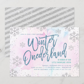 Winter ONEderland Geburtstag Silberblauer Glitzer Einladung