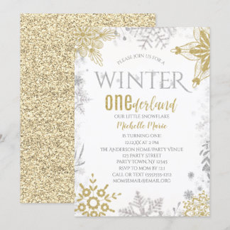 Winter Onederland Geburtstag Silver Gold Snowflake Einladung