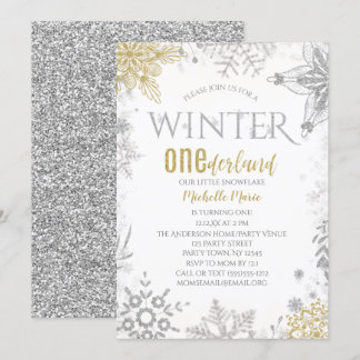 Winter Onederland Geburtstag Silver Gold Snowflake Einladung