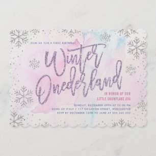 Winter ONEderland Geburtstag Silver Lila Pink Einladung