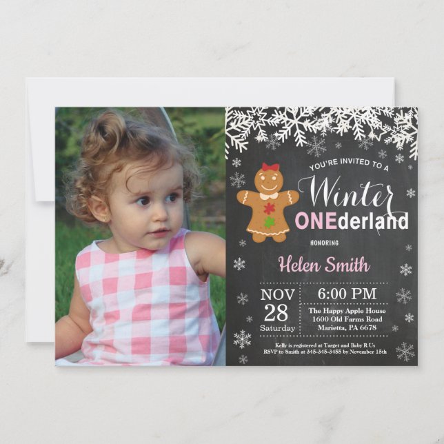 Winter Onederland Girl 1. Geburtstag Einladung (Vorderseite)