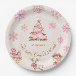 Winter Onederland Girl 1st Birthday Pink Snowflake Pappteller
