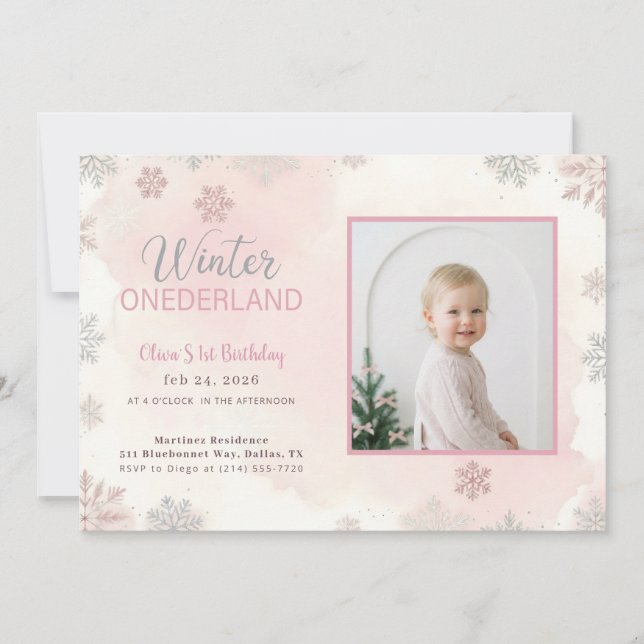 Winter Onederland Girl Photo First Birthday Einladung (Vorderseite)