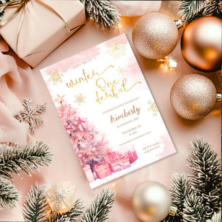 Winter Onederland Girl Pink Gold 1. Geburtstag Einladung