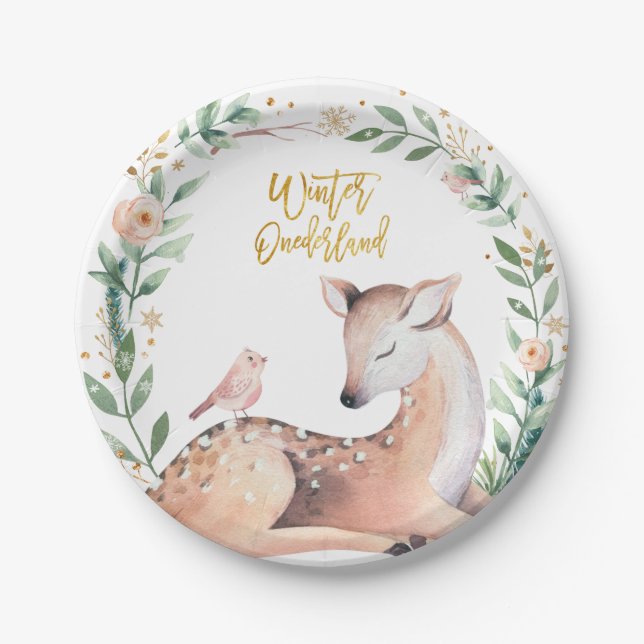 Winter ONEderland Gold Greenery Deer Woodland Pappteller (Vorderseite)